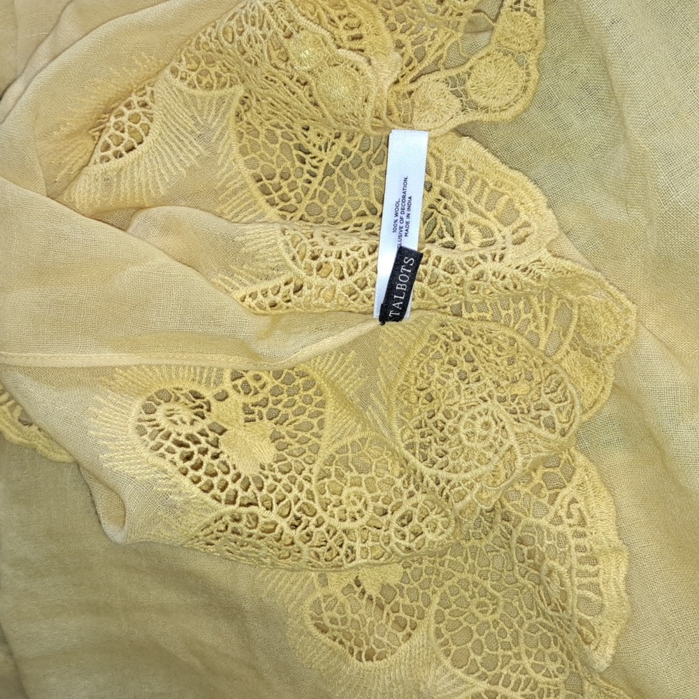 Talbots Golden Yellow Lace Trim Lightweight Wool Scarf Wrap, 74 x 25 in